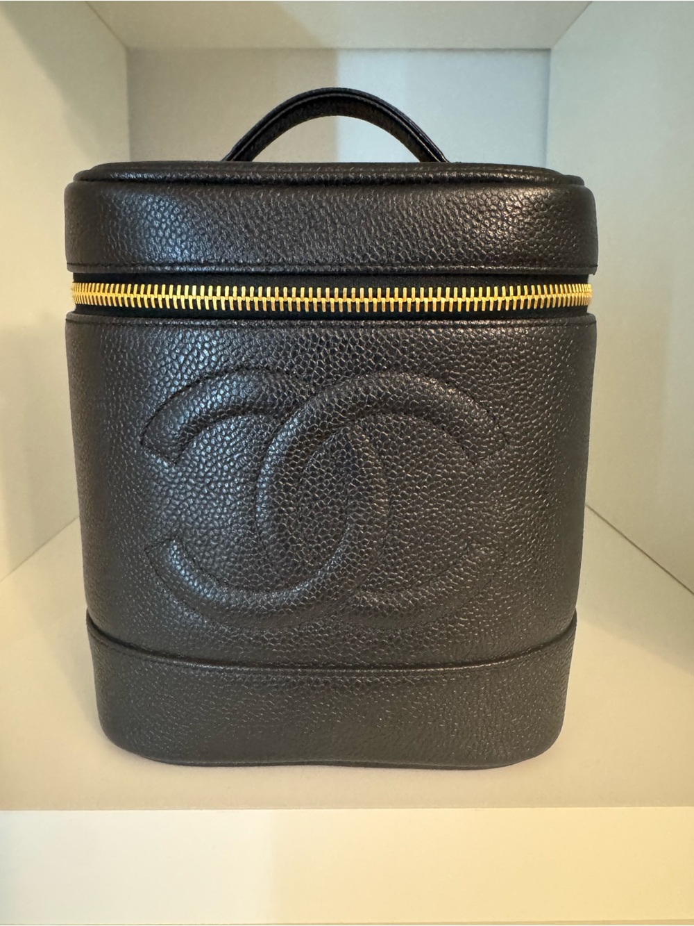 CHANEL Black Caviar Leather Vanity Case with Gold Hardware